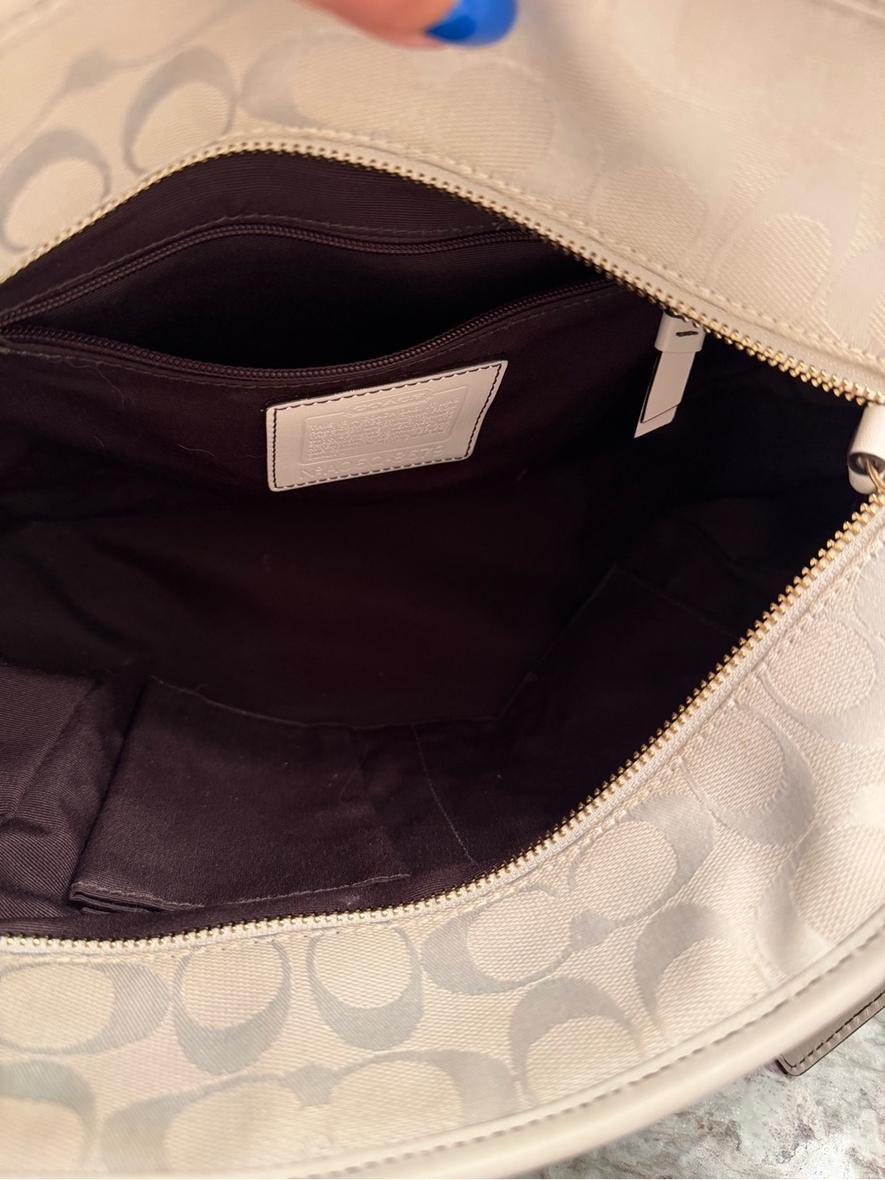 COACH Cream and Beige Signature Canvas Tote with Leather Charm - Picture 10 of 16